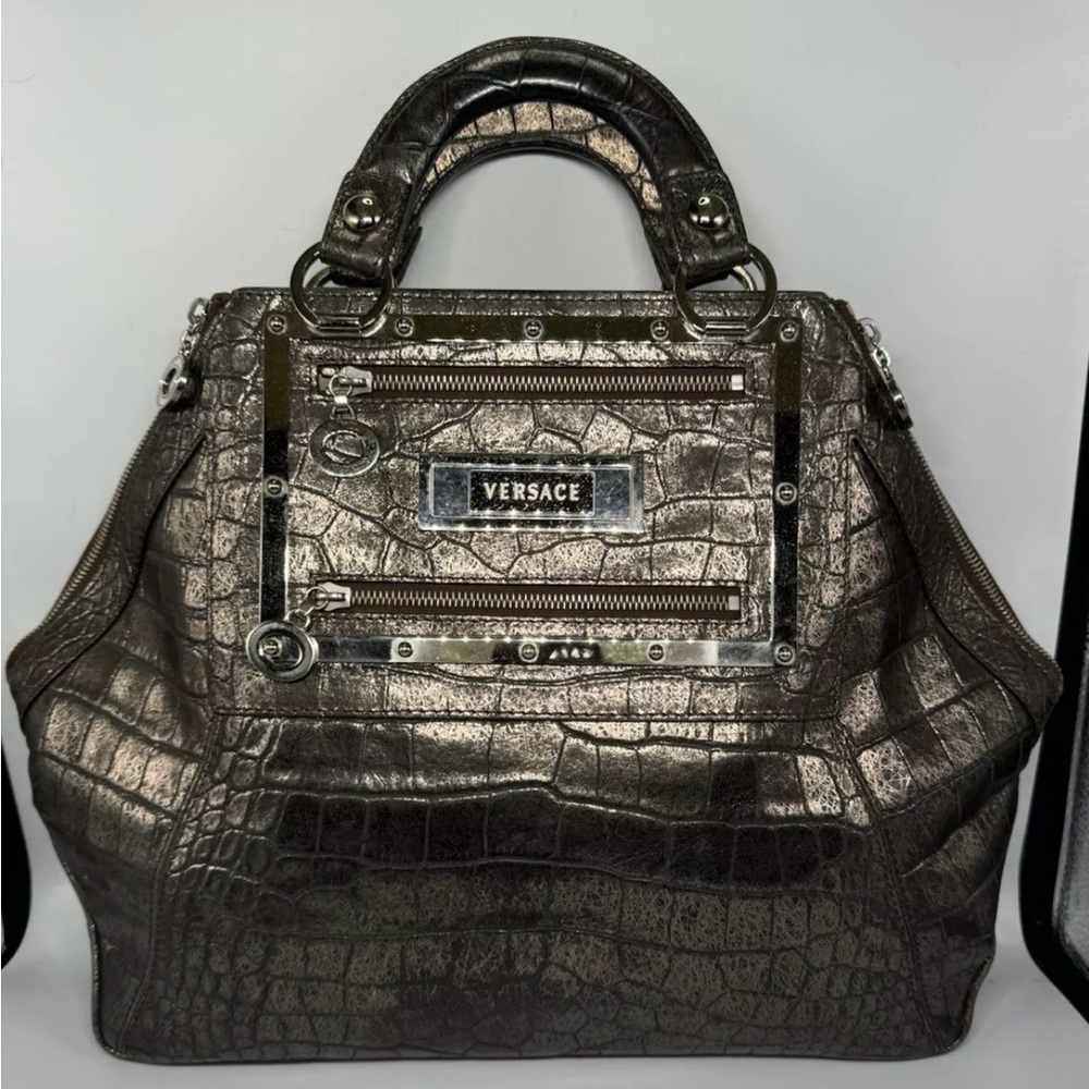 Versace Metallic Black Croc-Embossed Women's Bag